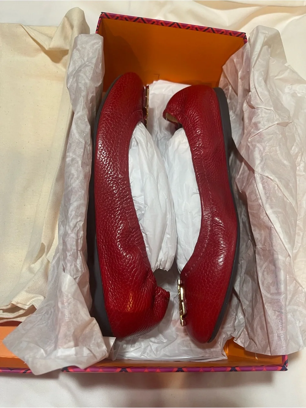 Tory Burch Red (Cerise) Leather Logo Melinda Ballet Flats